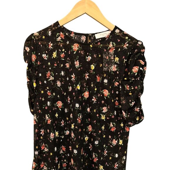 NWT Elodie Women's Floral Sheer Lace Short Ruched Sleeve Top In Black, Women's L - Picture 1 of 5